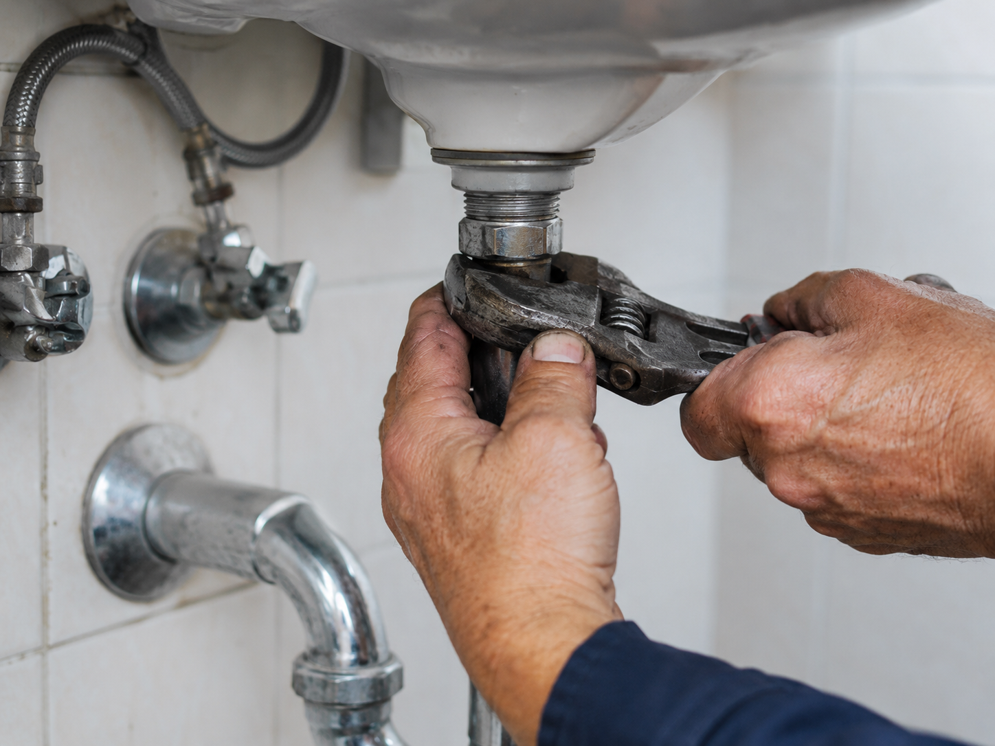 Fontanero revisando una instalación de tuberías con linterna en mano en un cuarto de baño
