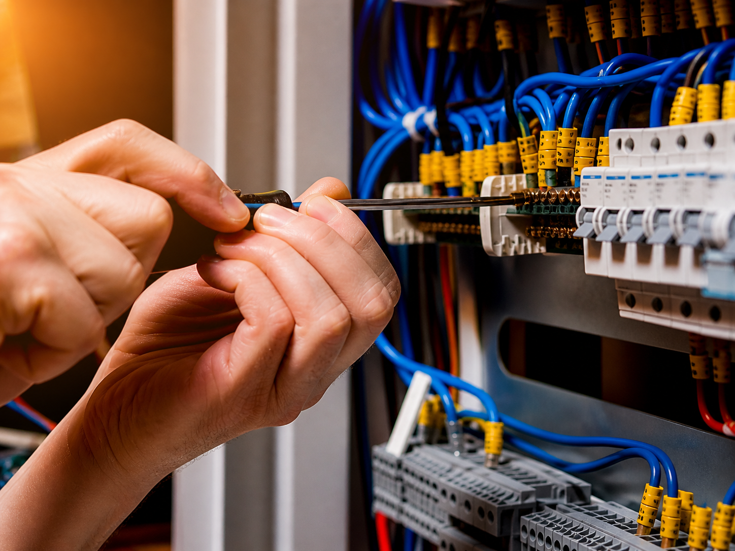 Manos de electricista conectando cables en un cuadro eléctrico