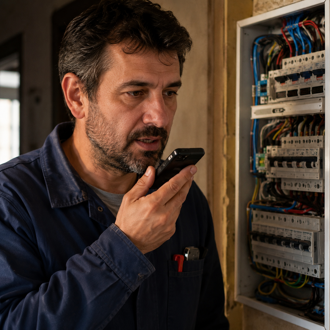 Técnico autónomo dictando notas por voz en el móvil al terminar una visita, con herramientas y materiales de obra de fondo