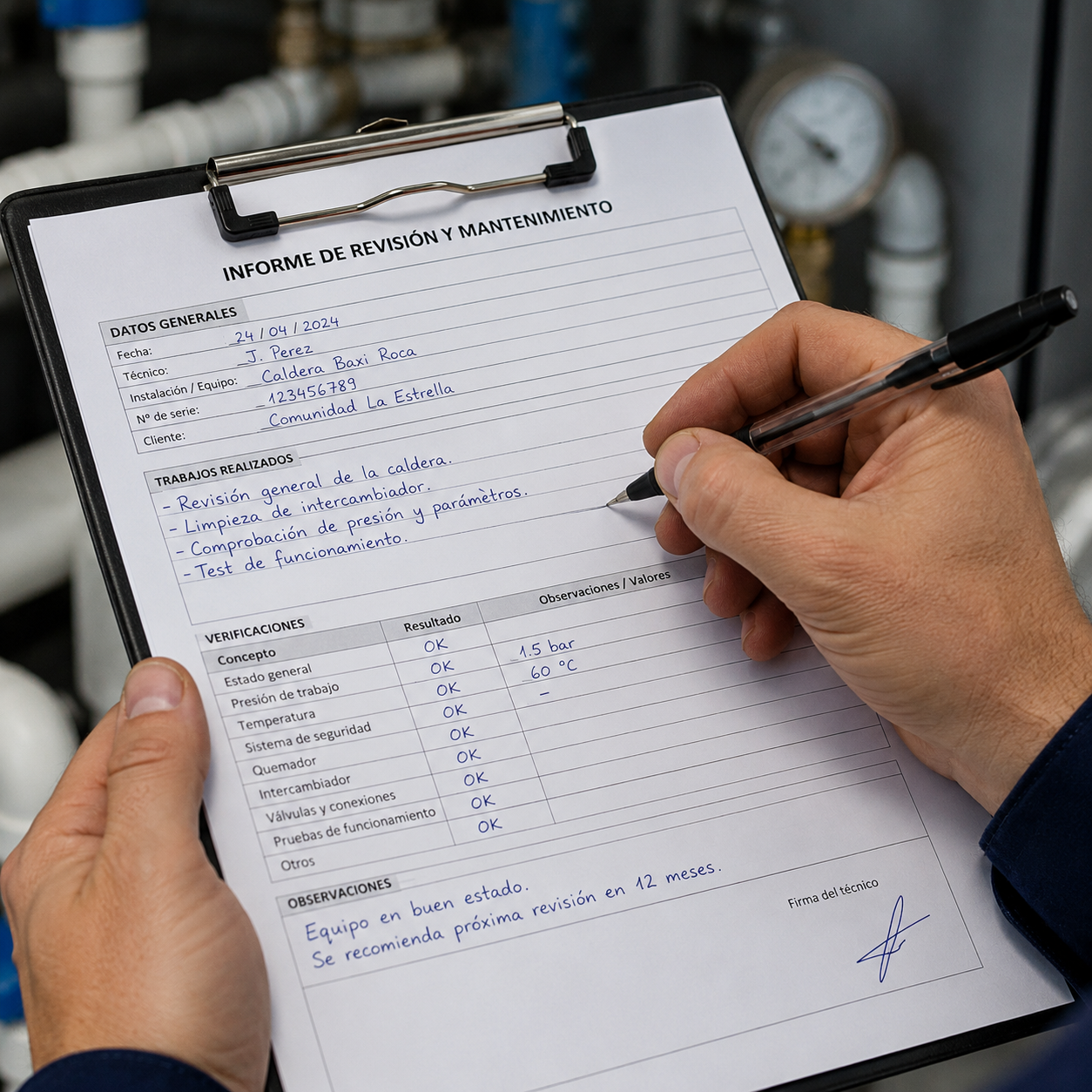 Técnico de mantenimiento revisando una instalación con el móvil en la mano, tomando nota de los datos del equipo